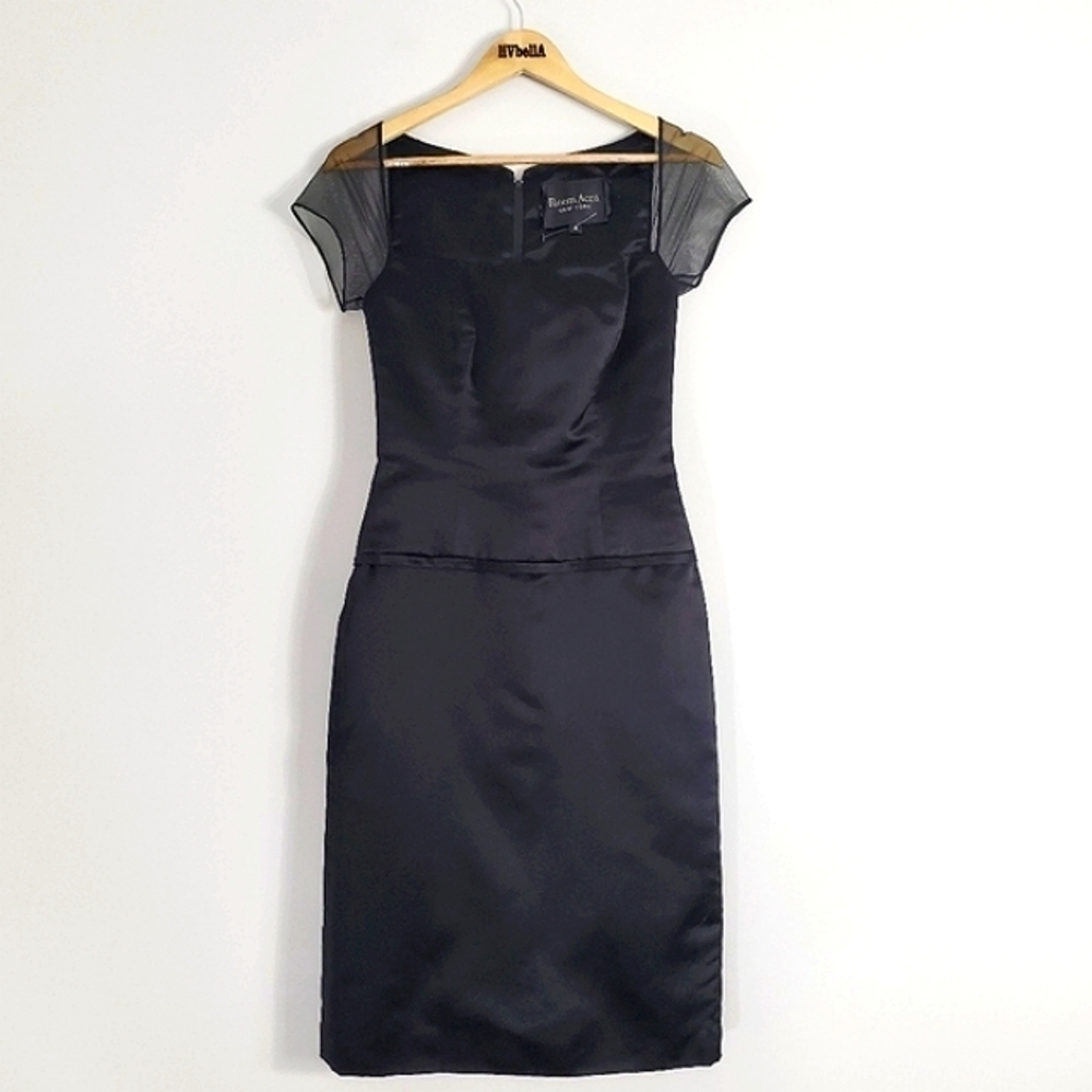 Reem ACRA SILK BLACK FITTED SHEATH DRESS WITH MESH SHORT SLEEVES